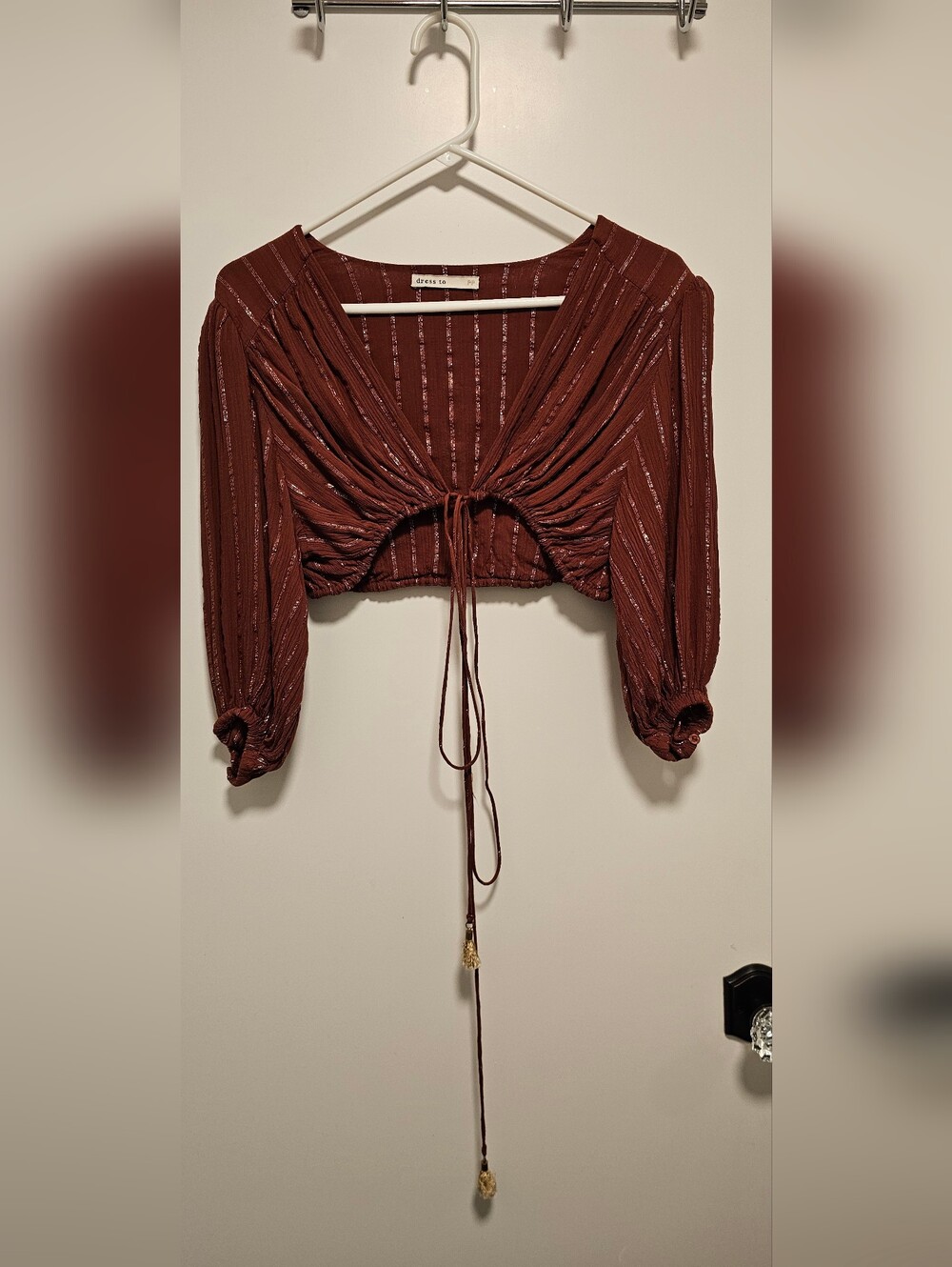 Dress To Crop Tie-Front Peasant Top in Rust Brown with Metallic Stripes